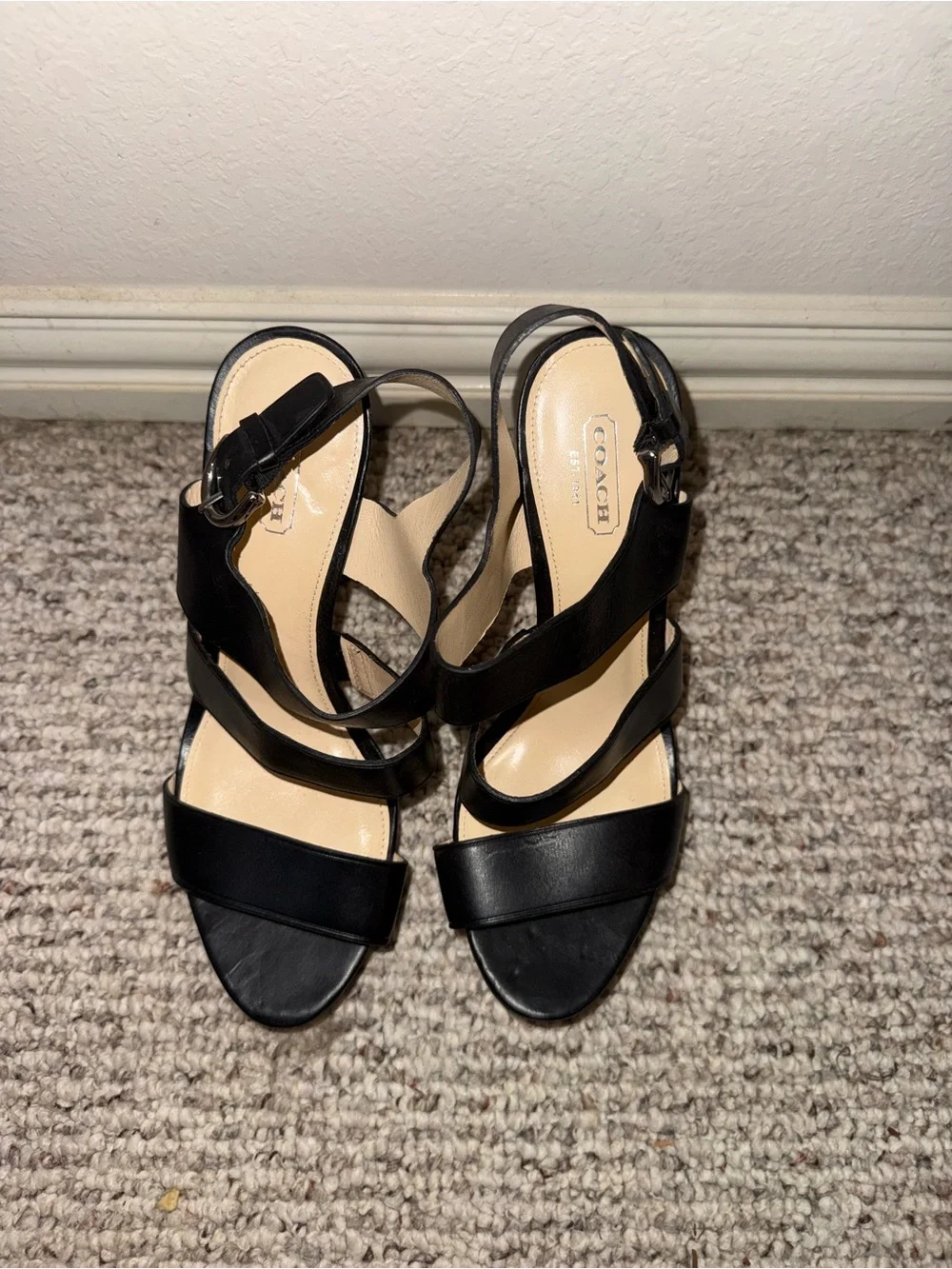 Coach Black Leather Strappy Heels with Signature Logo Block Heels